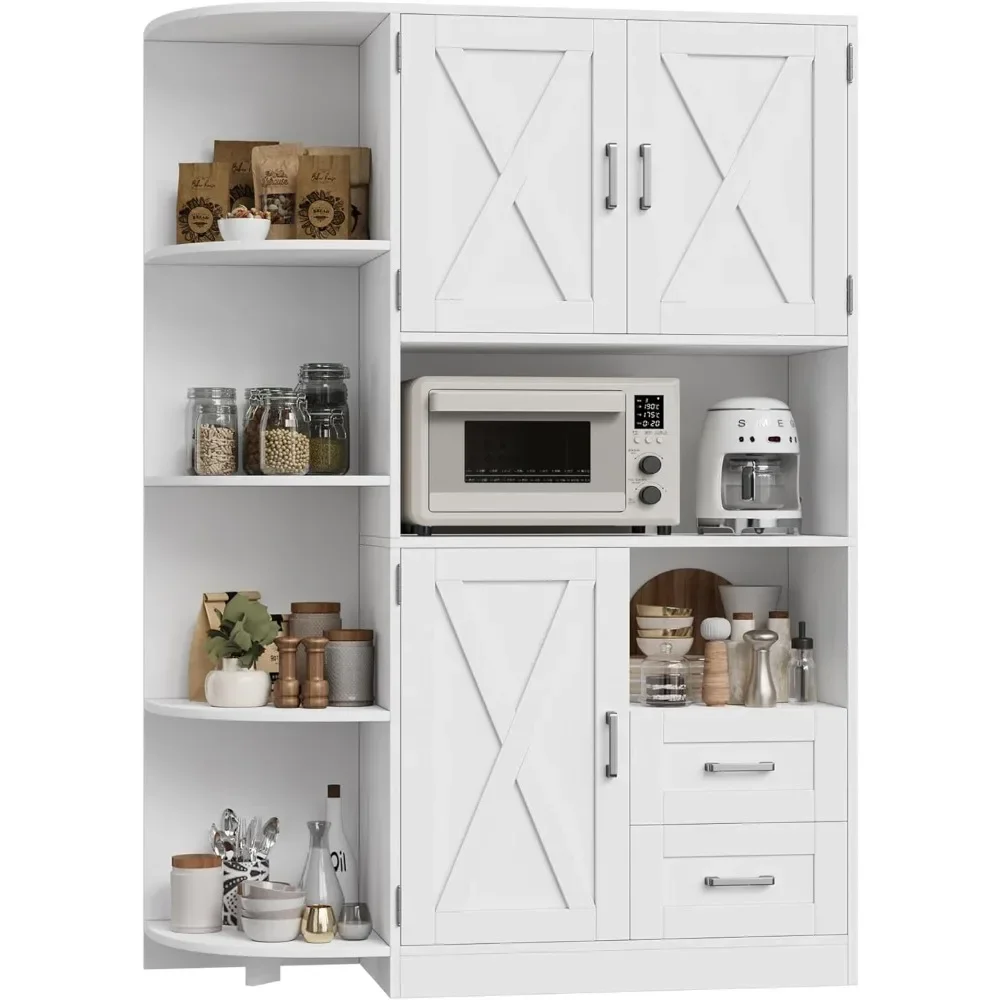 

60.4" Farmhouse Kitchen Pantry Storage Cabinet, Freestanding Hutch with Doors & Shelves, Buffet Sideboard with Microwave Stand