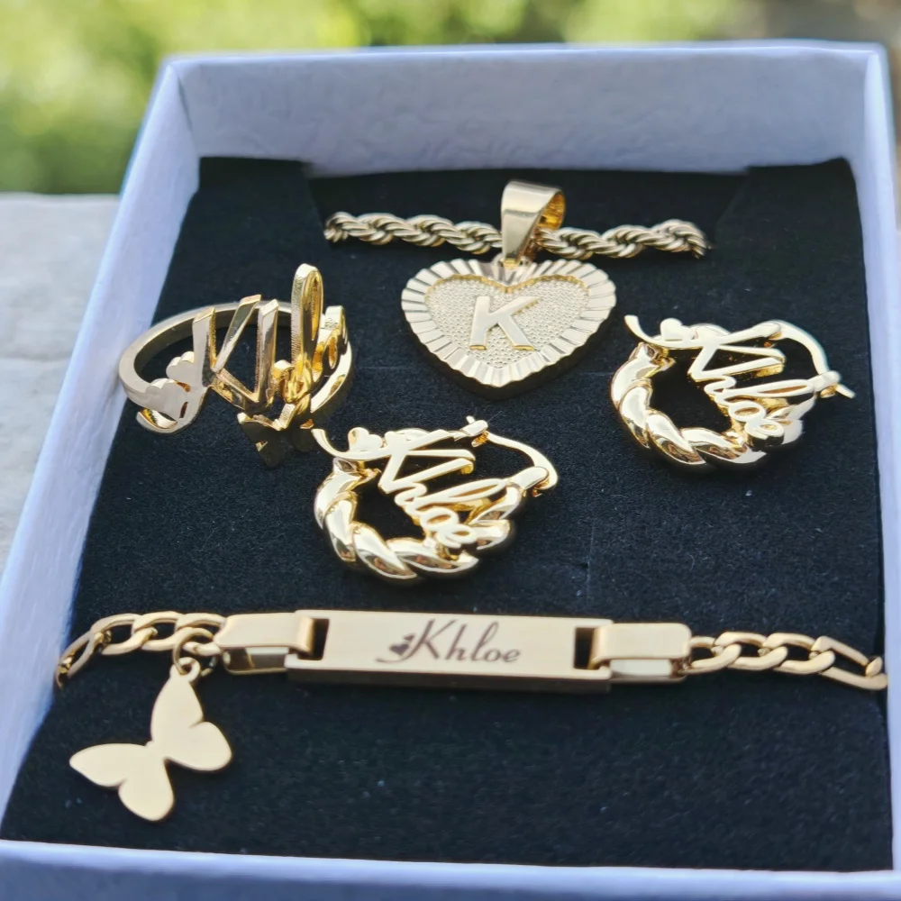 LeeChee Butterfly 4Pcs Set Custom Name Earrings Butterfly Charm Bracelet Ring Heart Pendant Necklace Jewelry Girls Set