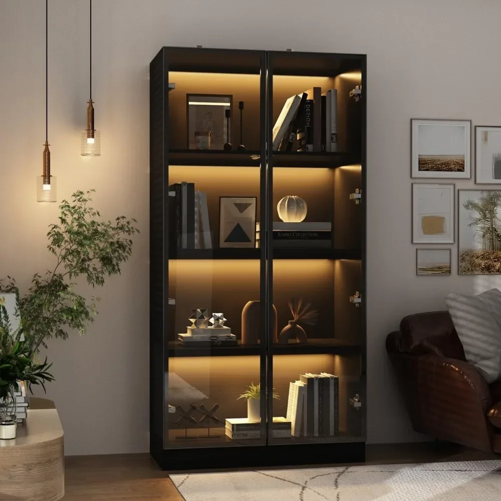 Glass Cabinet with Doors and Shelves,  Bookcase Display Case for Collectible, Living Room Office