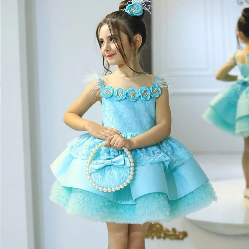 Stylish Turquoise Girl's Party Dresses Mini Puffy Princess Pageant Prom Gowns A-line Tiered Short Birthday Outfit