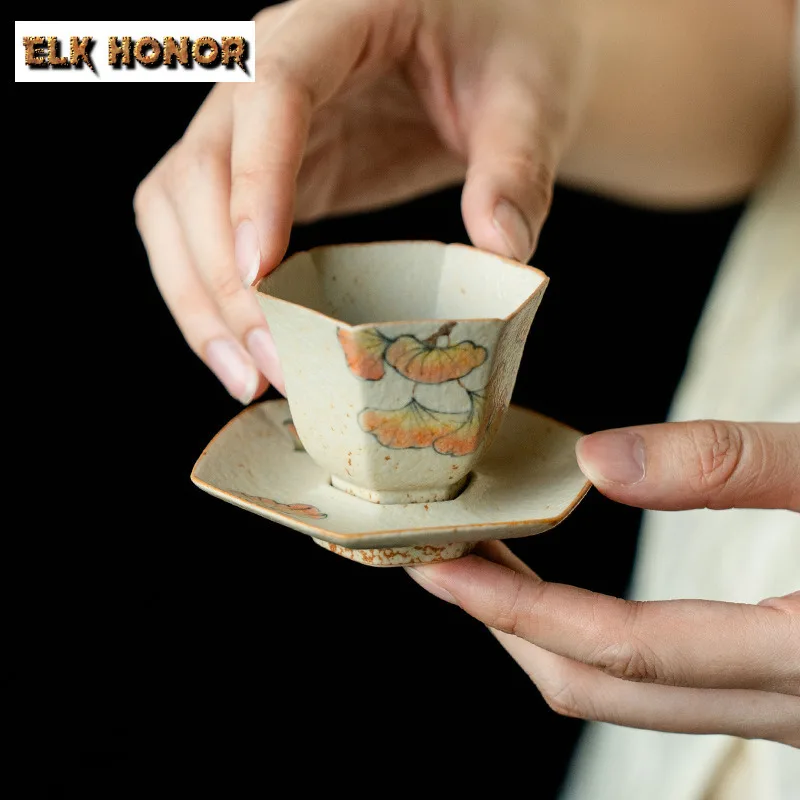 

45ml Hand-painted Apricot Leaf Teacup Retro Tea Bowl Jug Tea-tasting Fragrance Cup Chazhan Master Cups Tea Services With Coaster