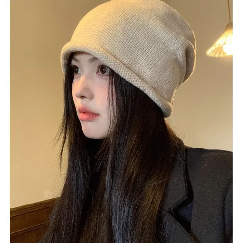 

Winter Slouchy Beanie for Women Knitted Hat with Drawstring Large Size Fit Fashion Roll Brim Cuffed Cap Face Slimming