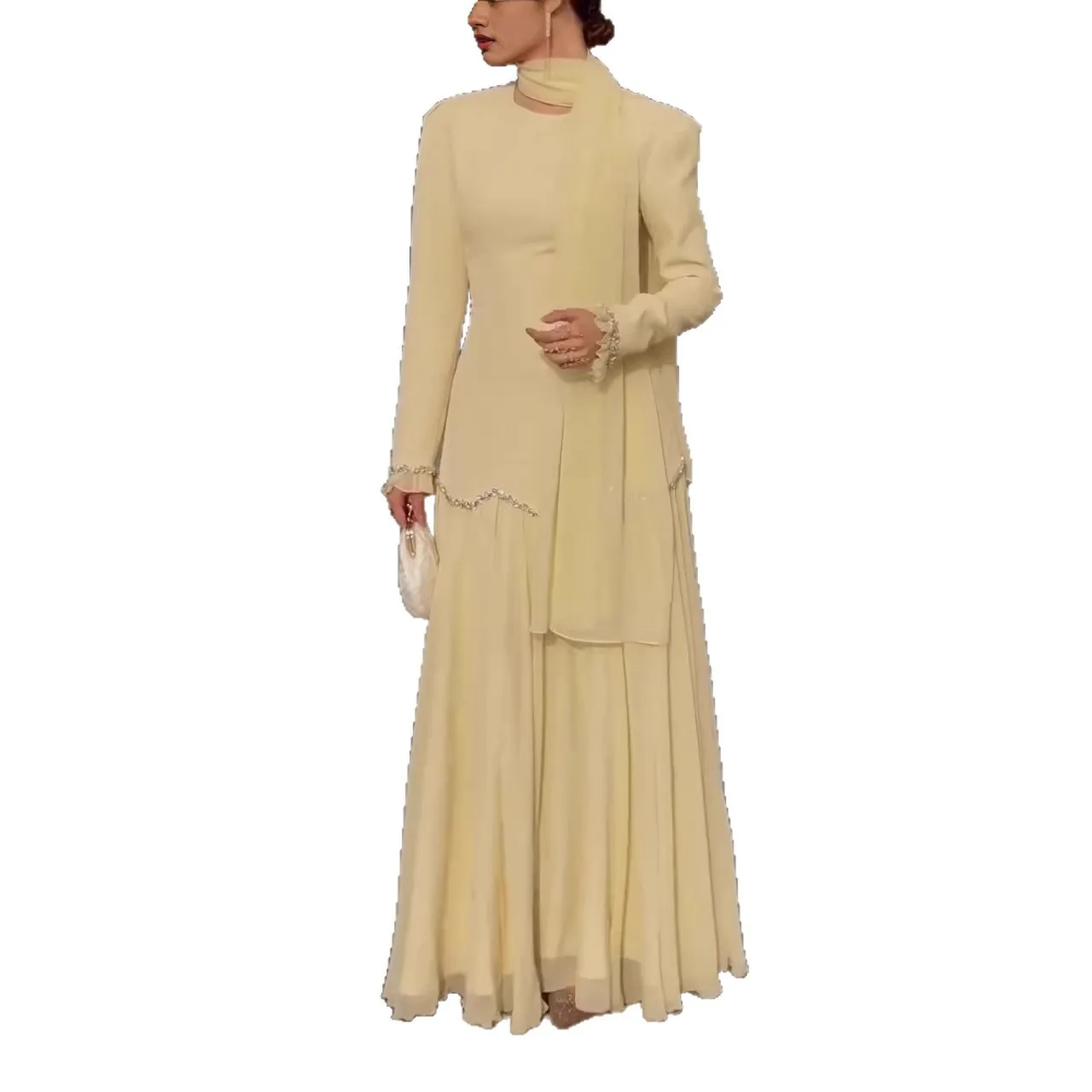 Long Sleeve Slim Fit Dress High Waist Elegant Style with a Line Silhouette Pullover Fitted a Line Pleated Dress for Women