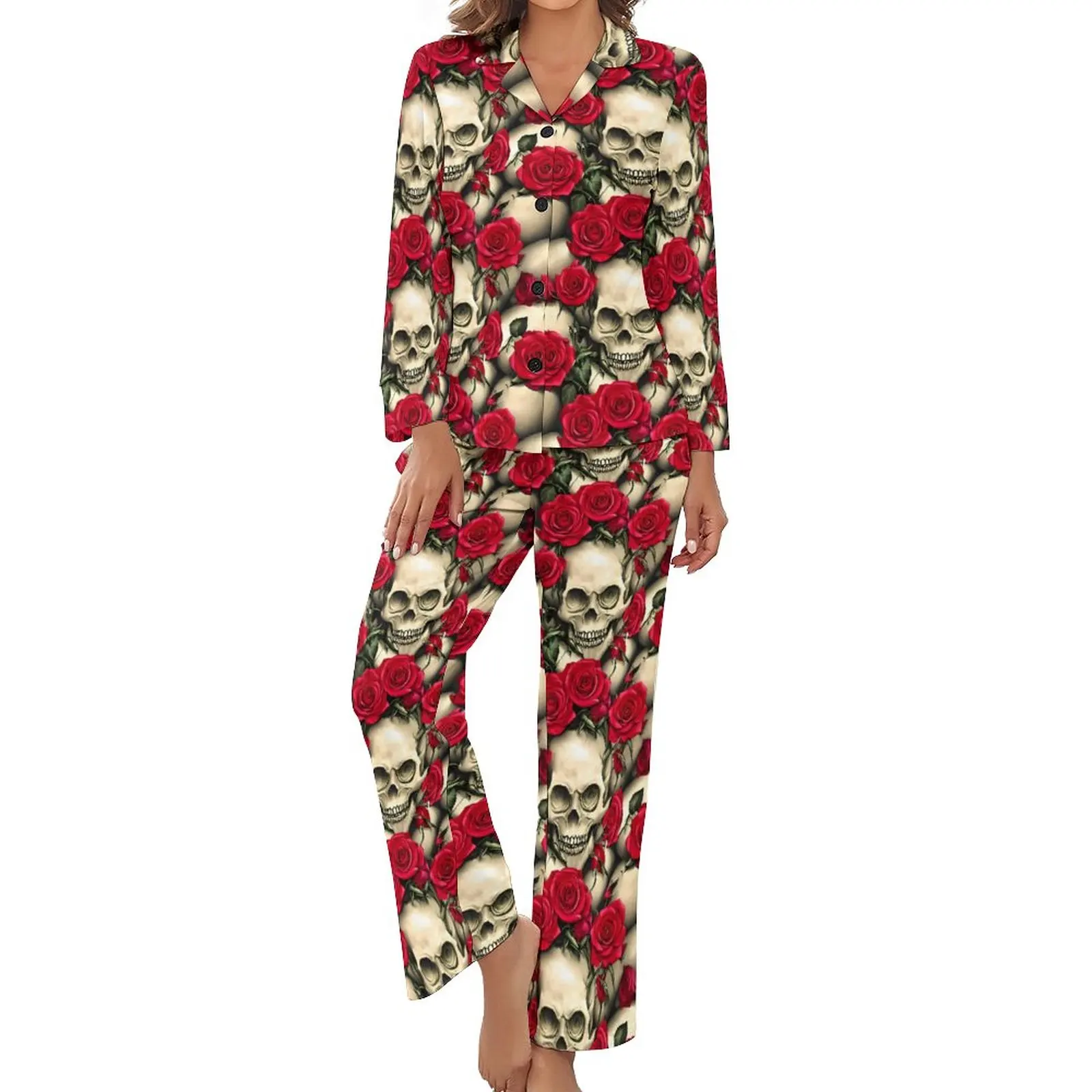 Gothic Skulls Pajamas Spring 2 Pieces Red Roses Print Soft Pajamas Set Lady Long Sleeves V Neck Home Graphic Home Suit