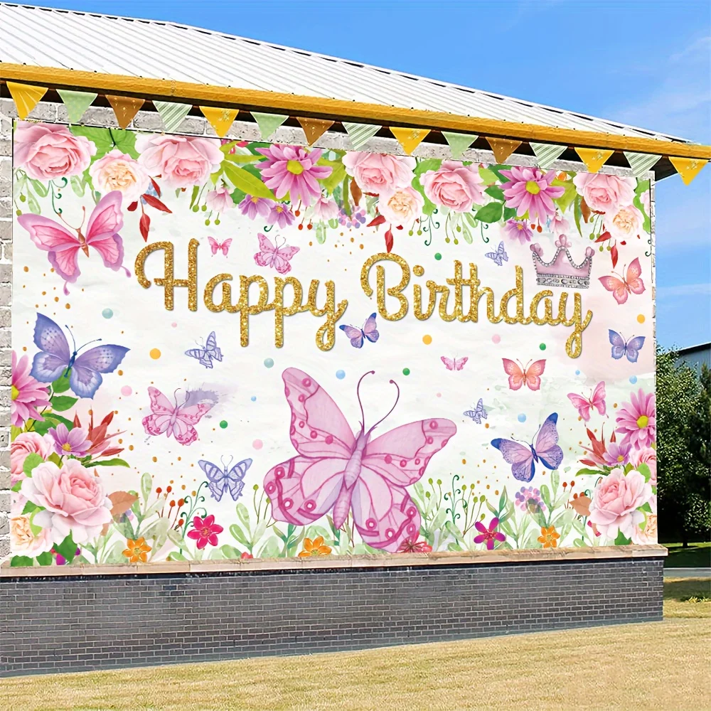 Colorful butterfly birthday party decoration background, spring themed celebration event background banner decoration