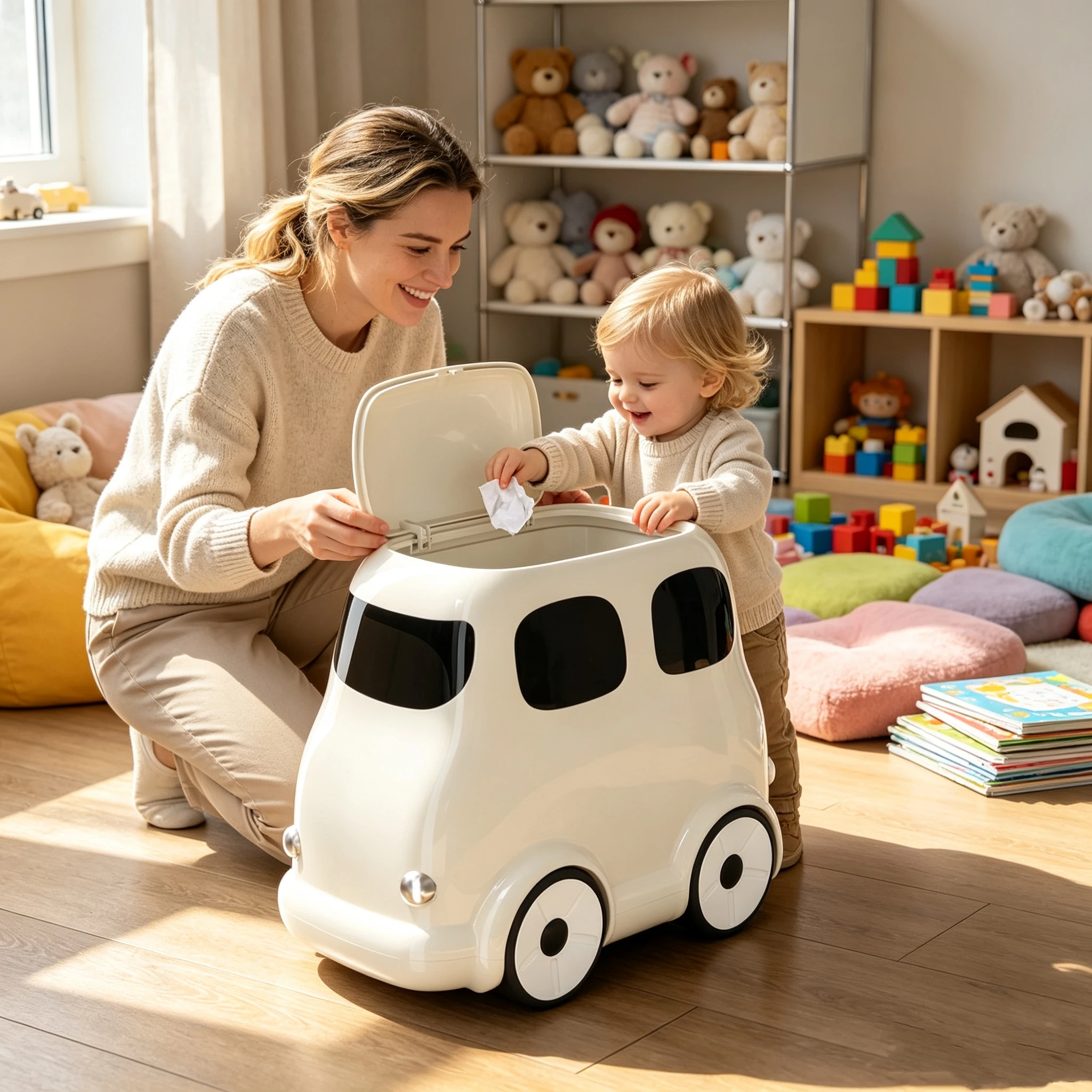 Cute Bus Shaped Trash Can With Wheels Car Shape Lidded Garbage Bin Removable Inner Bucket Large Capacity Decorative Storage Bin