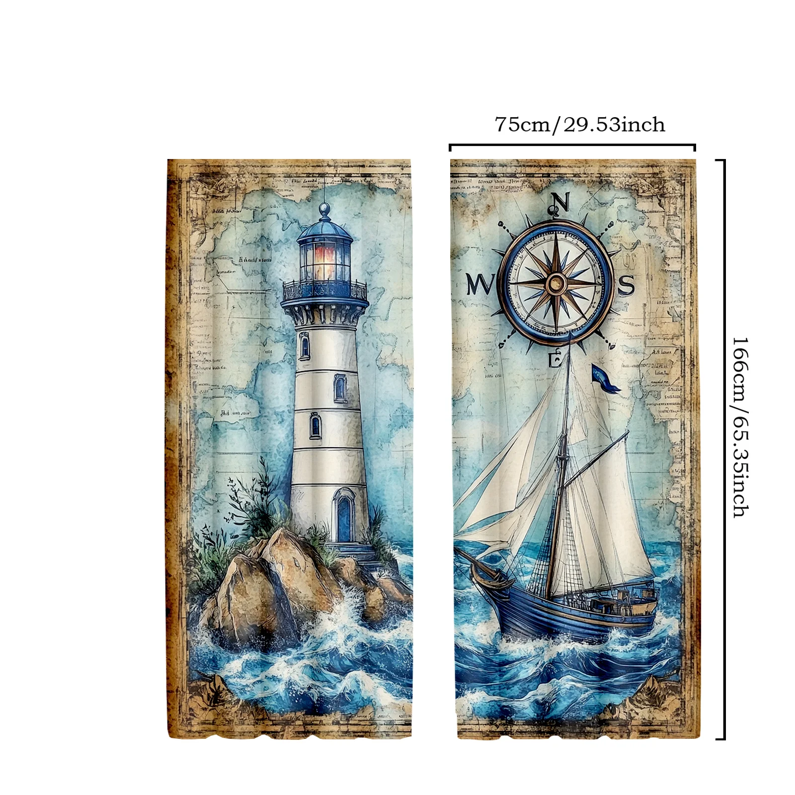 Vintage Nautical Map Lighthouse and Compass Design Curtains for Coastal Home Decor Waterproof Window Treatment