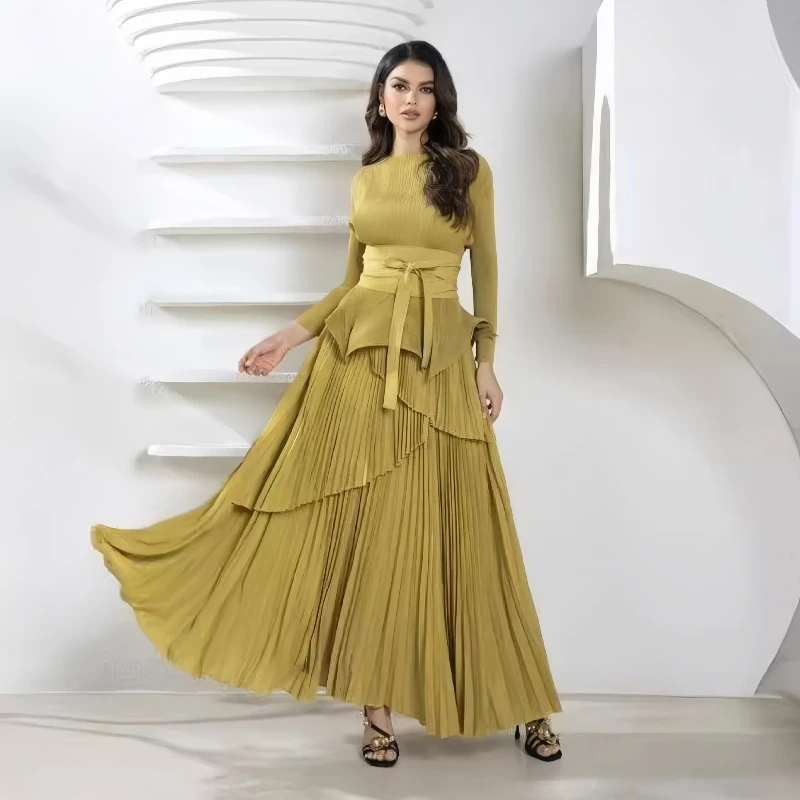 

Комплекты юбок Женские элегантные плиссированные юбки до щиколотки из двух частей Повседневные юбки трапециевидной формы на шнуровке с плотной талией и длинными рукавами Топ однотонный летний