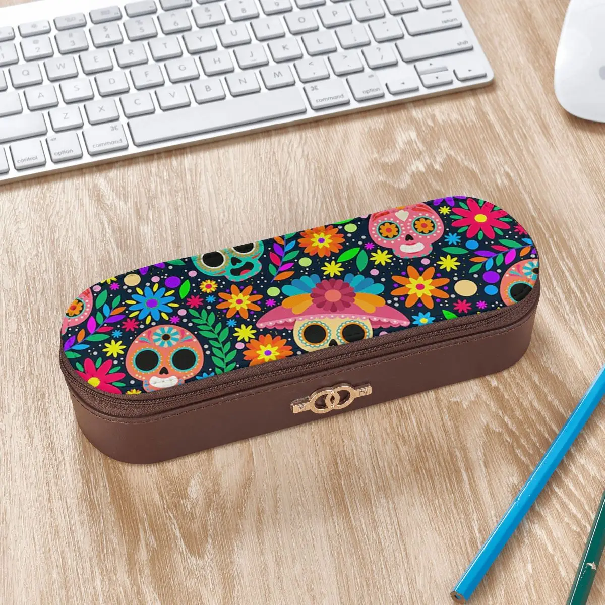 Sugar Skull Mexican Flower Halloween Day Of The Dead 11 Leather Pencil Case Pen Holder Storage Stationery Supplies Pen Box