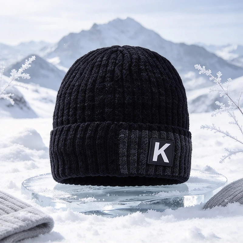 Men Winter Knitted Beanie Hat with K Letter Patch Thick Fleece Lined Warm Ribbed Skull Cap Outdoor Ski Snow Cold Weather Hat
