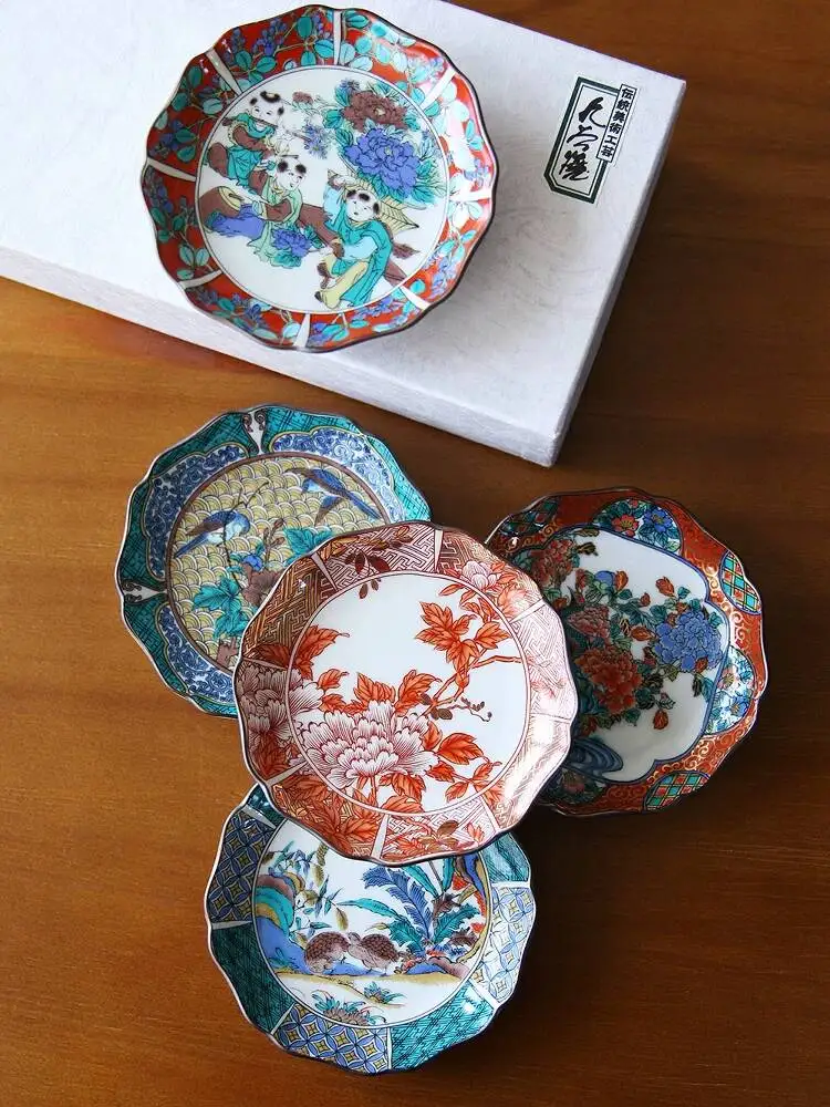 In Stock Japanese Imported Ware Era Painting Series Ancient Kutani Style Ceramic Small Tea Snack Dessert Plate