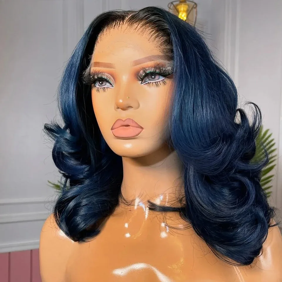 

Midnight Blue Wig 13x4 HD Short Body Wave Lace Front Wig Glueless Bob Lace Frontal Wig Dark Blue Preplucked Synthetic Cosplay