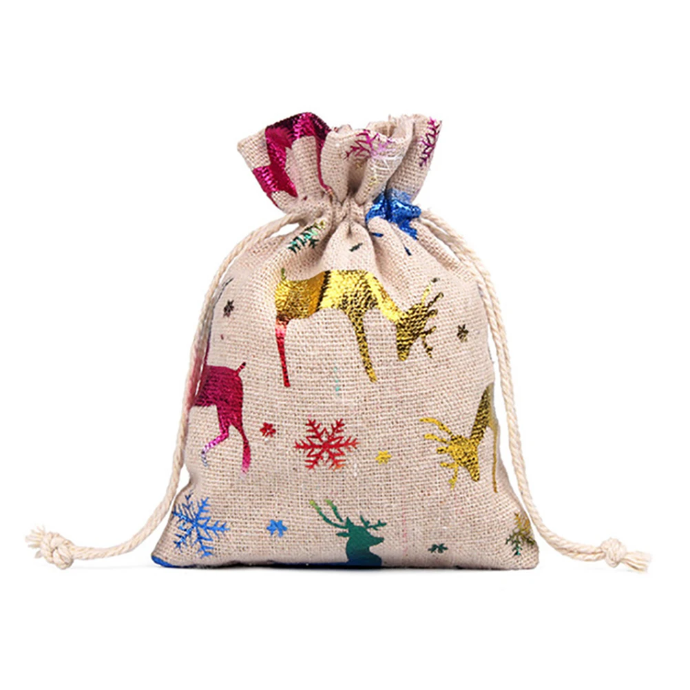 10PCS Christmas Linen Drawstring Bags Candy Biscuits Pouchs Burlap Bracelet Jewelry Storage Bags Xmas Kids Gift Packaging Bags