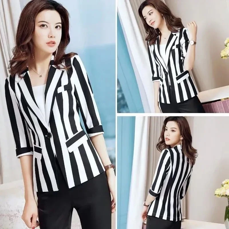 Striped Small Suit Jacket Women's Fashion Coat Top 2025 Spring Autumn New Suits Slim Waist Short Top Women Blazer