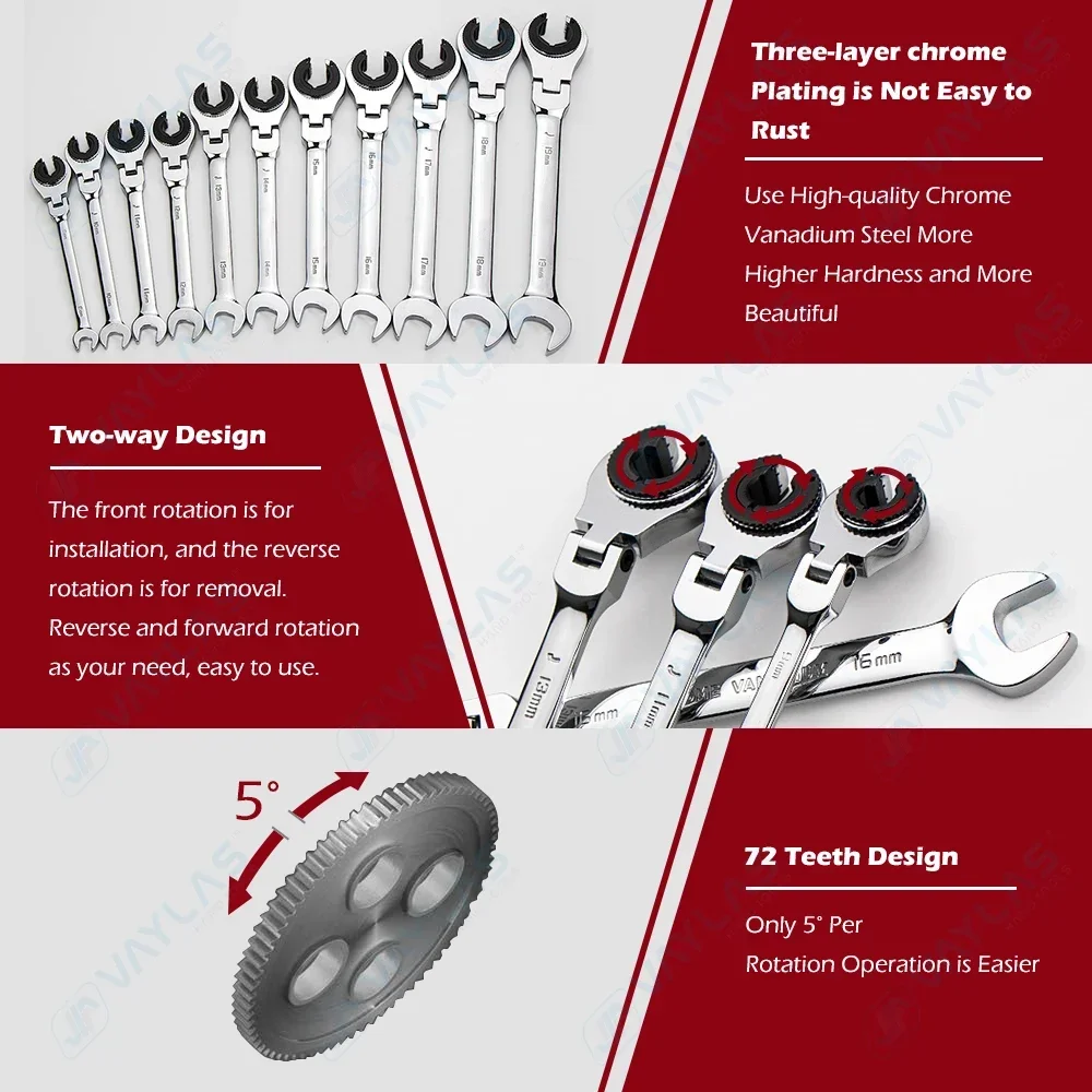 Open Flex-head Flare Nut Ratcheting Wrench Set 7-Piece Metric Oil Pipe Ratchet Fix Tubing Combination Spanner Set Auto Repair