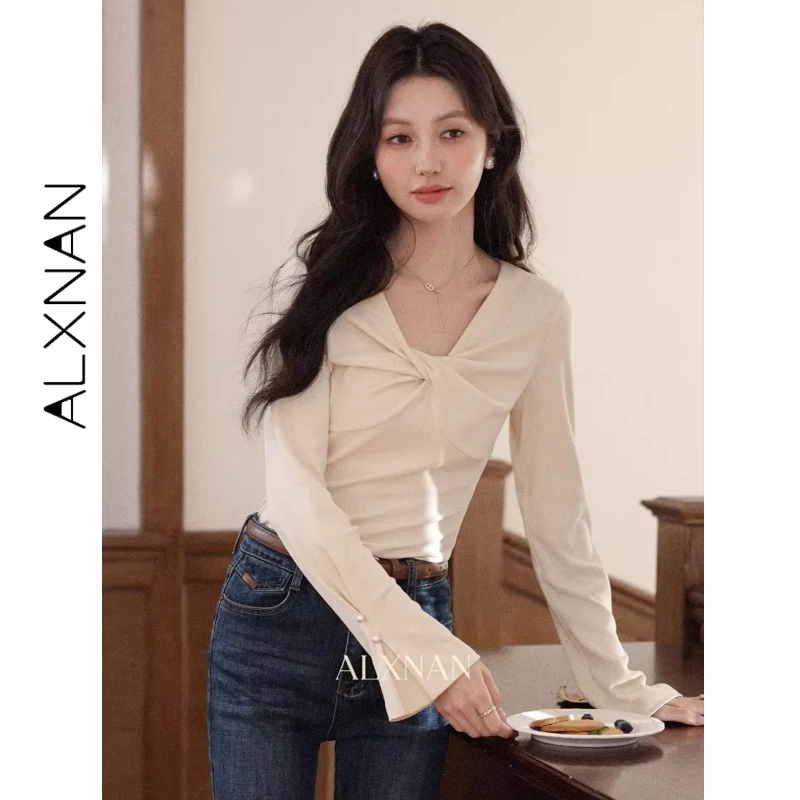 เสื้อสเวตเตอร์ผู้หญิงไซส์ใหญ่ ALXNAN สีแดง แต่งโบว์ ประดับมุกที่ปลายแขน แขนบาน สไตล์วินเทจ สำหรับฤดูใบไม้ร่วง แขนยาว รุ่น D12535-3