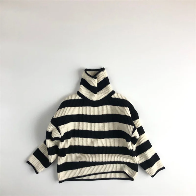 LILIGIRL Autumn Winter Children Striped Turtleneck Warm Knit Pullovers Boys Girls Loose All-match Long Sleeve Sweaters 1-7 Years