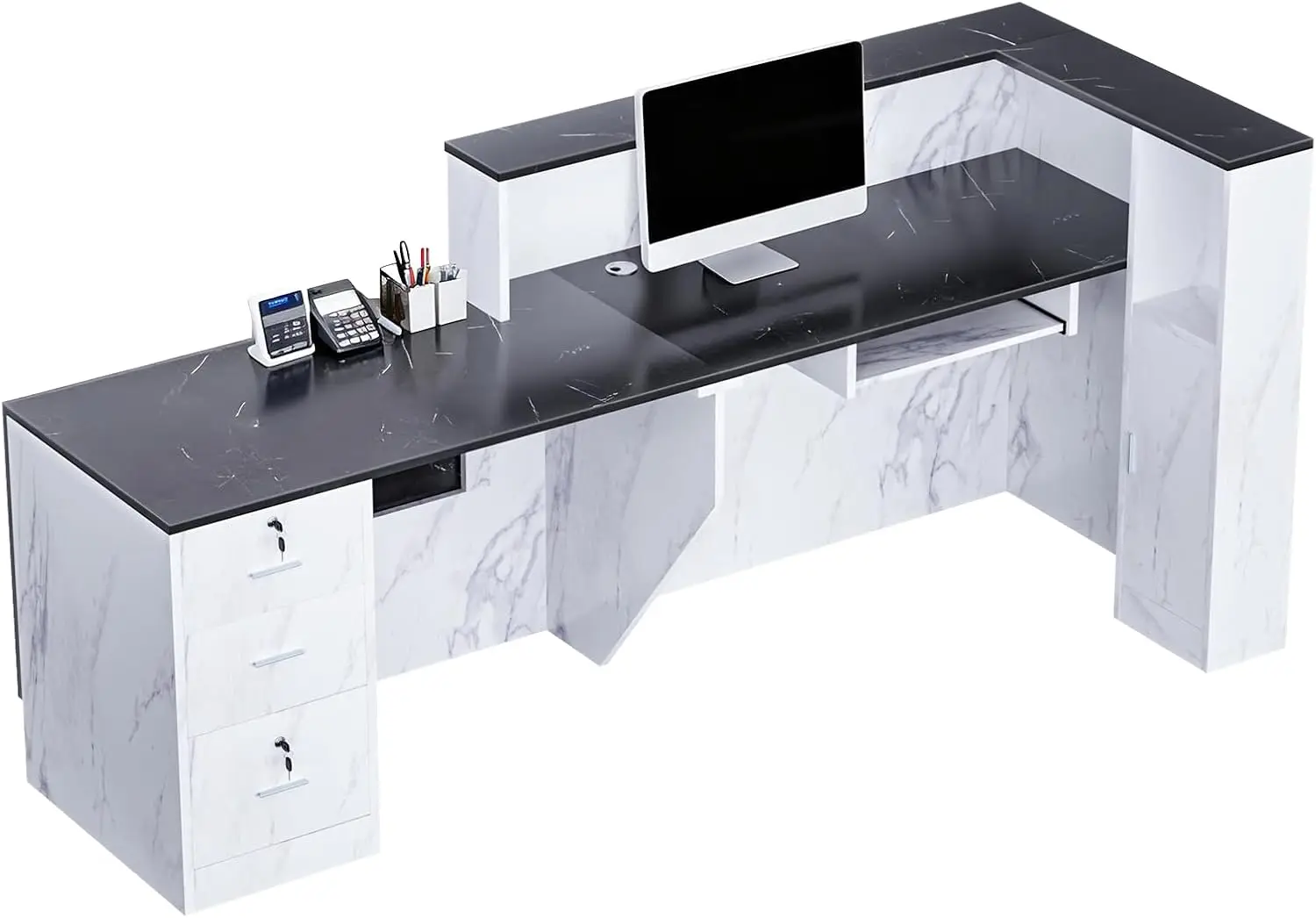 Reception Desk with Lockable Drawers, Reception Desk, Wooden Modern Front Desk Reception Counter with Storage/Keyboard Tray, for
