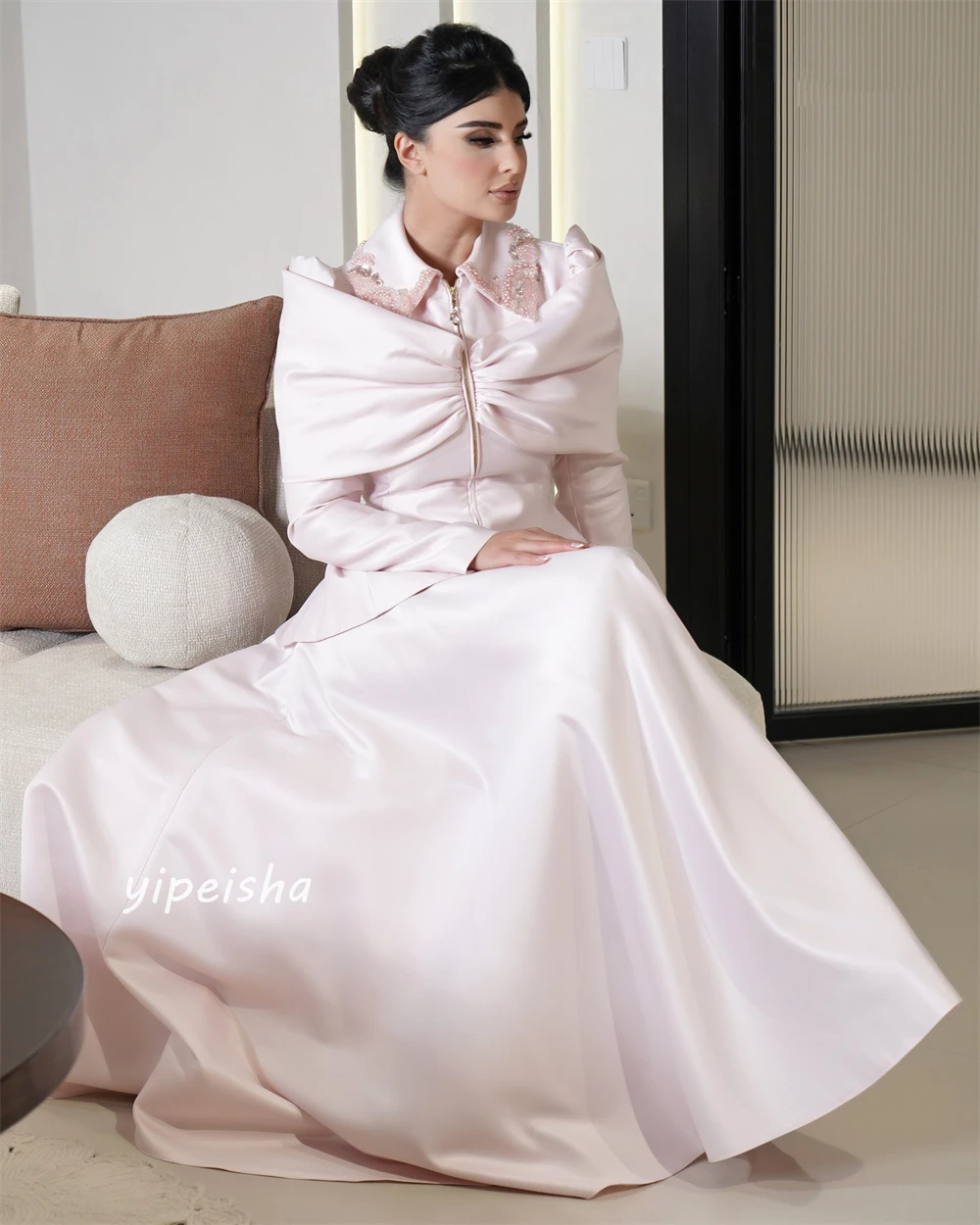 Satin Beading Draped Pleat Clubbing A-line High Collar Bespoke Occasion Gown Midi Dresses