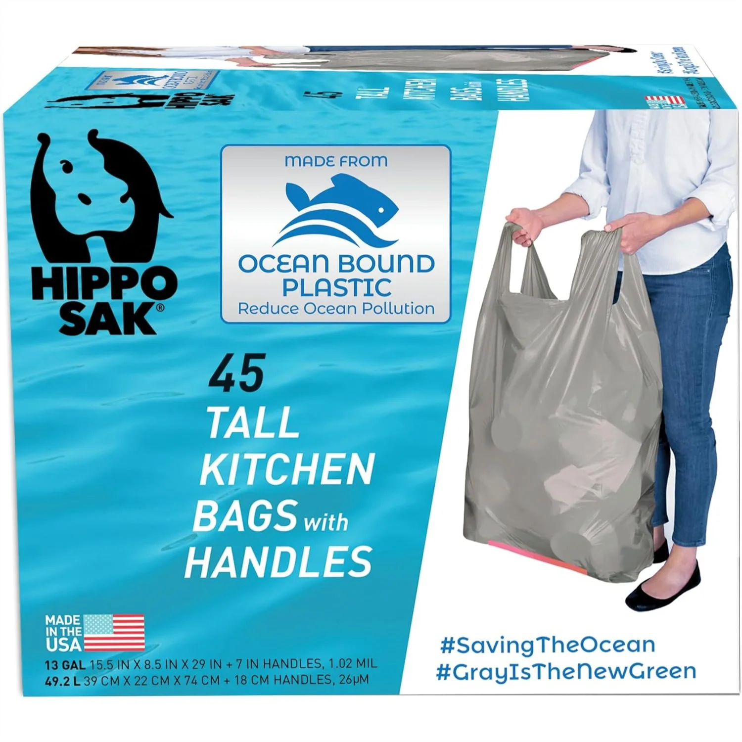 

Tall Kitchen Garbage Bags with Ergonomic Handles - 13 Gallon Trash Bags Made from Recycled Ocean Bound Plastic - Super Strong