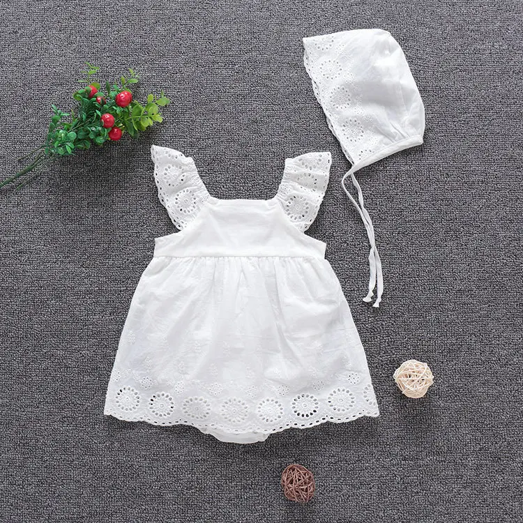

0-24M white Baby Girls Romper+hat Newborn Toddler Fly Sleeve Square Neck jumpsuit for Daily Infant Summer Clothing