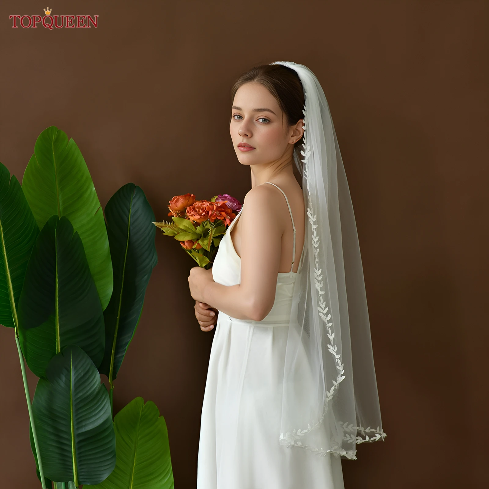 TOPQUEEN V129 Свадебная фата с коротким листом и лозой, кружевная свадебная фата, однослойная, элегантная, Rochii, свадебные аксессуары, настраиваемая