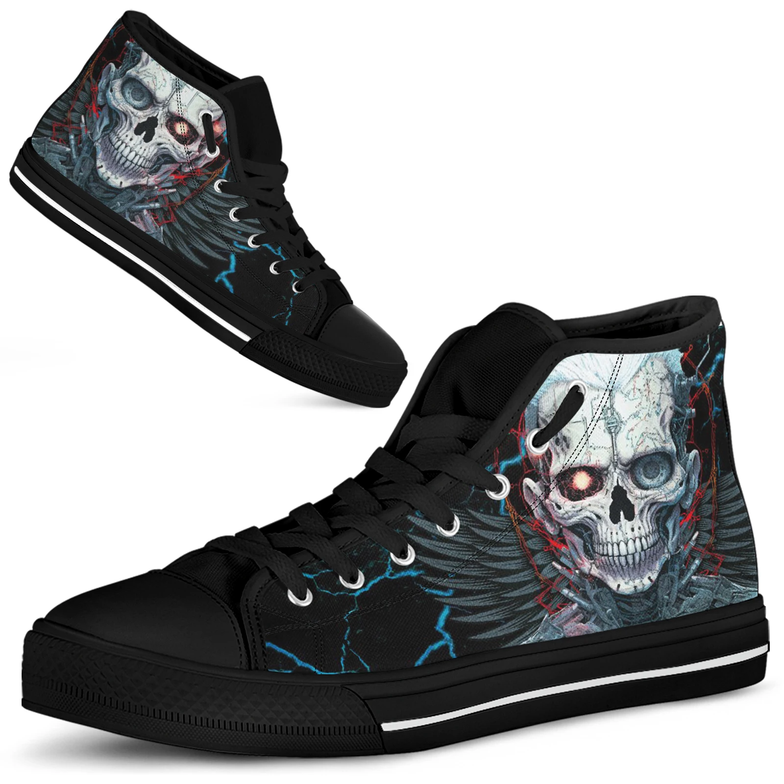 ELVISWORDS Horror Halloween Skull Print Men's Canvas Shoes Mexican Day Of The Dead Skull Men's Shoes Black High Top Sneakers