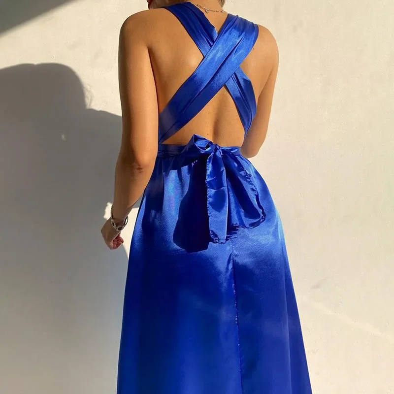 ชุดราตรีทรงเมอร์เมดหรูหราสำหรับงานแต่งงาน งานเลี้ยงค็อกเทล หรืองานพรอม  แบบผูกเชือก  จีบรอบตัว  คอวี  แขนกุด  เปิดหลัง  เซ็กซี่