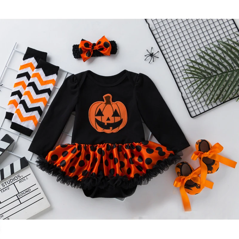 4pcs/Set Newborn Baby Girls Halloween Costume Romper 3 6 12 18 24 Month Dress Bebe Polka Dot Pumpkin Jumpsuit Clothes Outfit Set