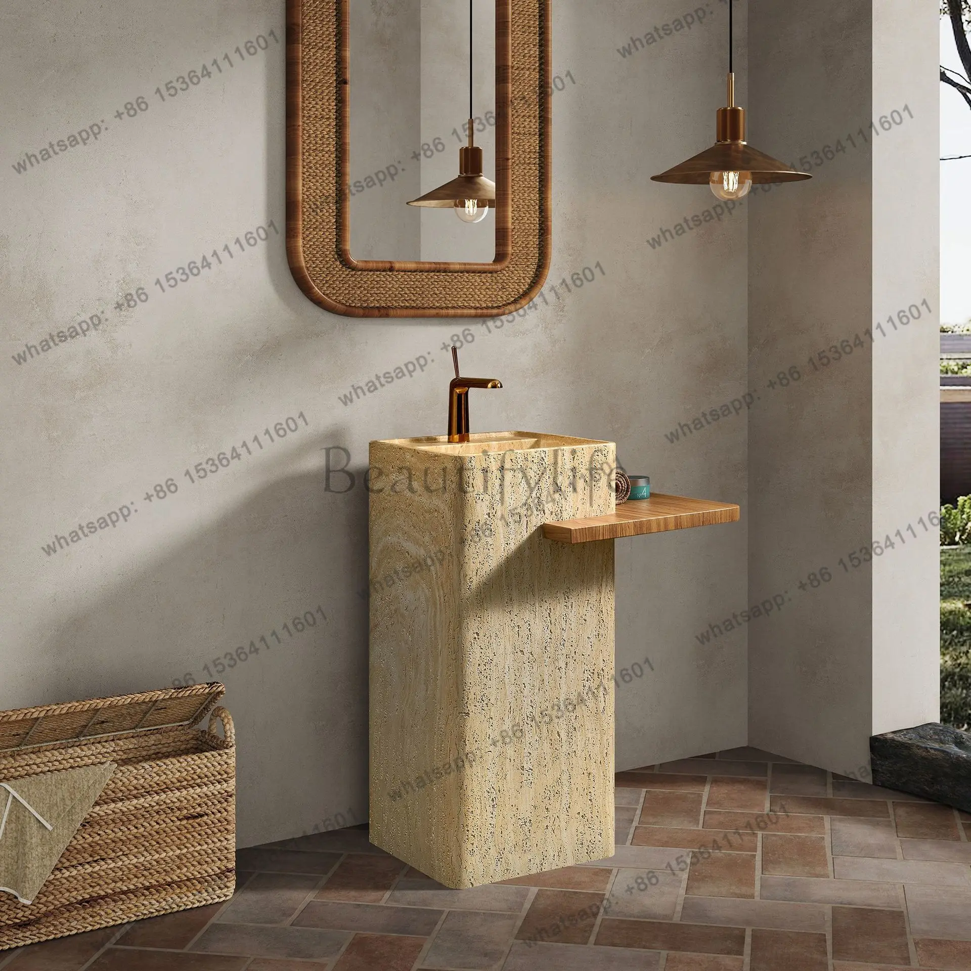 Medieval travertine column basin integrated floor-to-ceiling square creative washing table with stainless steel table