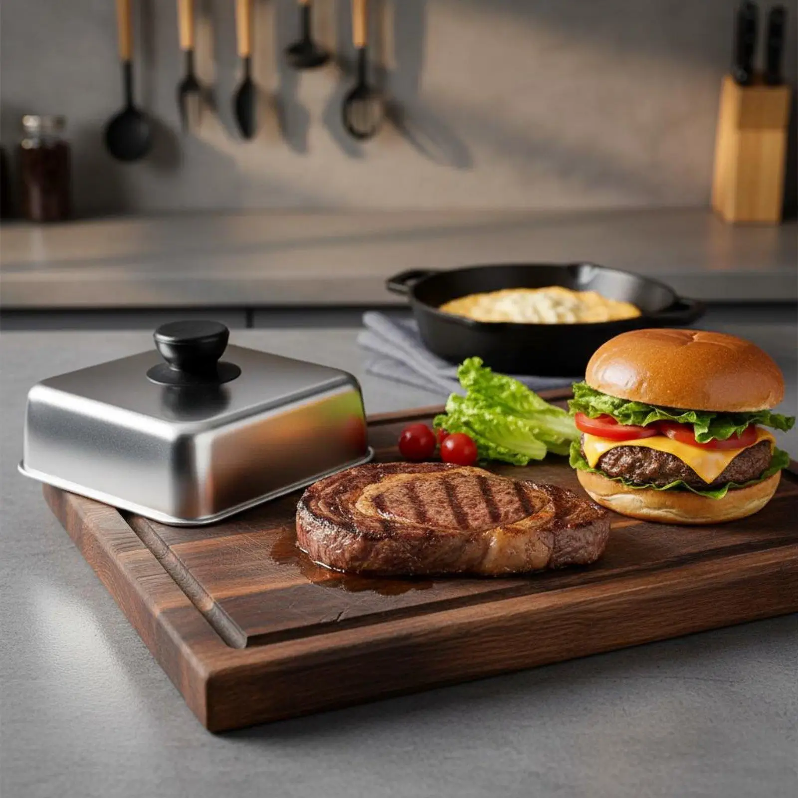 Square Burger Cover Cooks Evenly Cheese Melting Dome Rust Resistant Square Basting Cover for BBQ Enthusiasts, Chefs, Barbecue, view 4