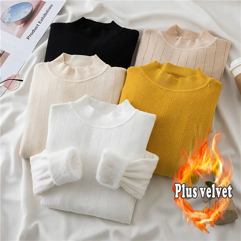 

Women's Sweater with Fleece Thickened Semi-turtleneck Long-sleeved Undercoat Autumn/winter White Tight-fitting Sweater Warm Top