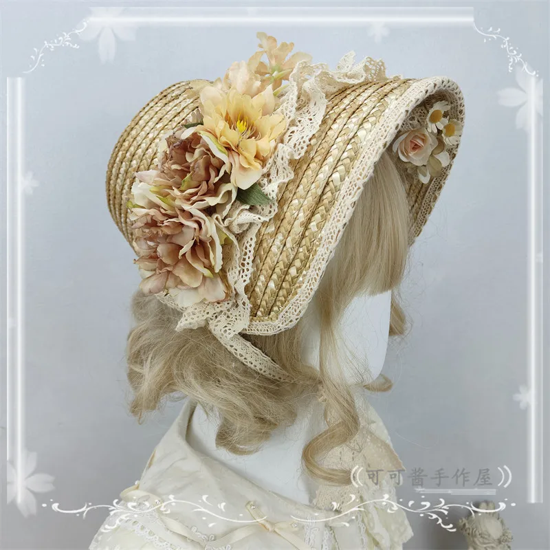 

Original Handmade Antique Hat Lolita Vintage Bonnet Hats Pastoral Cotton Edge Lolita Straw Hat Top Hats
