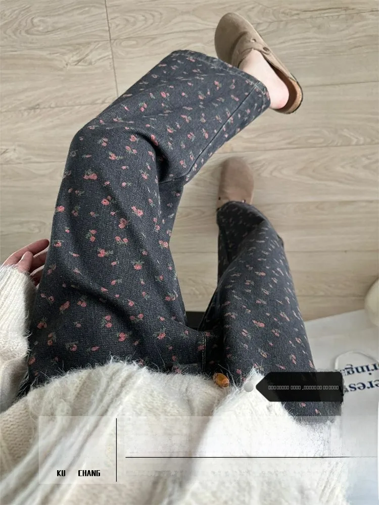 

plus Size Floral Print Loose Fit Wide Leg Jeans Low Waist Zipper Closure Straight Cut Spring Summer New Arrival Ladies Jeans