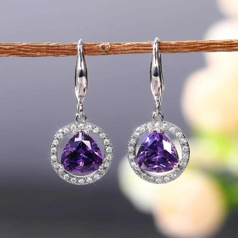 Gorgeous Heart Drop Shape Purple Cubic Zirconia Drop Earrings For Women Evening Party Elegant Classic 925 Silver Needle Jewelry