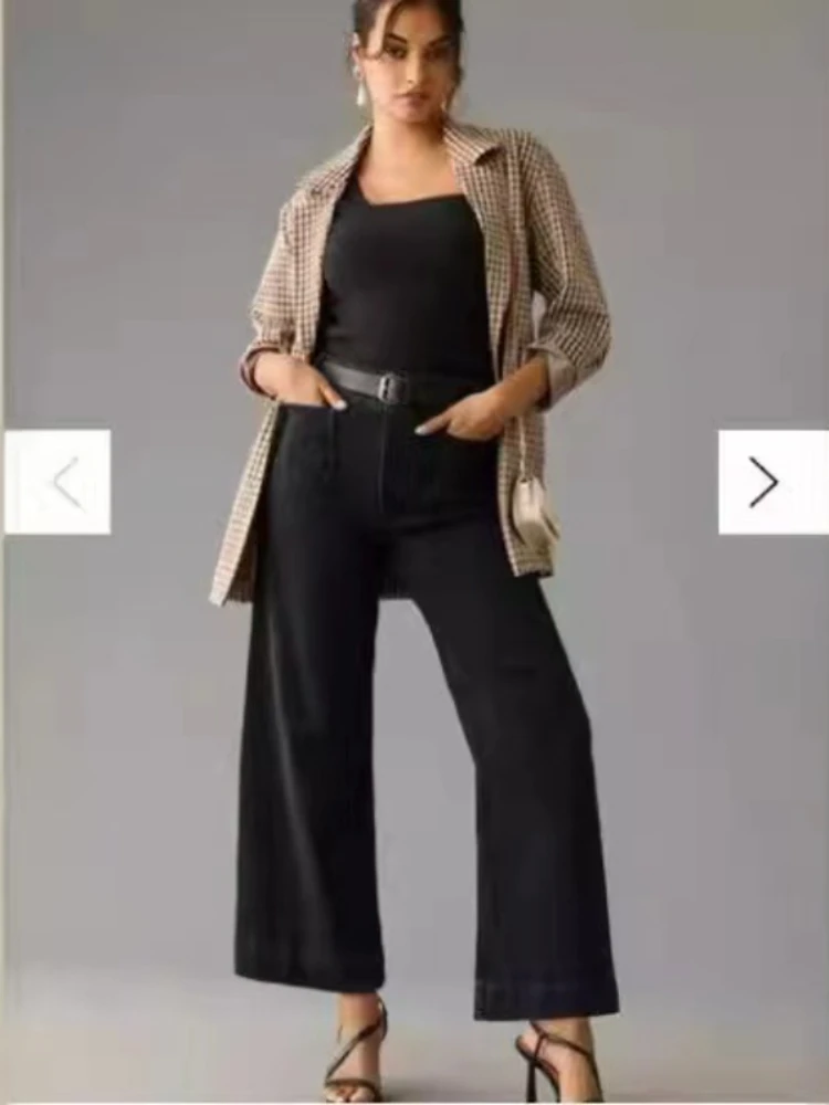 Hot-selling European And American Straight Wide-leg Women's Jeans And Large Pockets Trousers Design Appears Taller And Slimmer