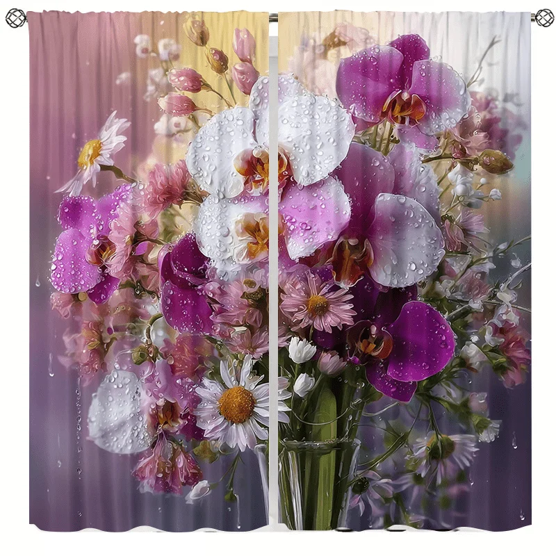 Floral illustration curtains, pole-mounted installation. Suitable for living rooms, bedrooms, dining rooms and hotels.