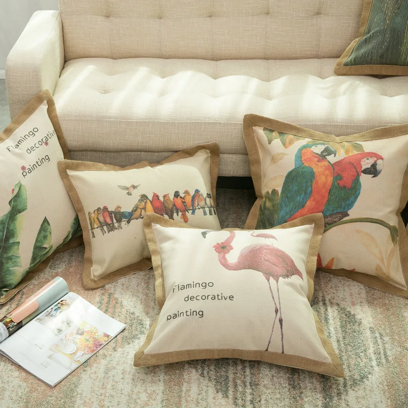 50x50cm Tropical Farmhouse Pillow Cover Cactus & Parrot Print Cotton Linen Cushion Cover Retro Waist Pillow Case