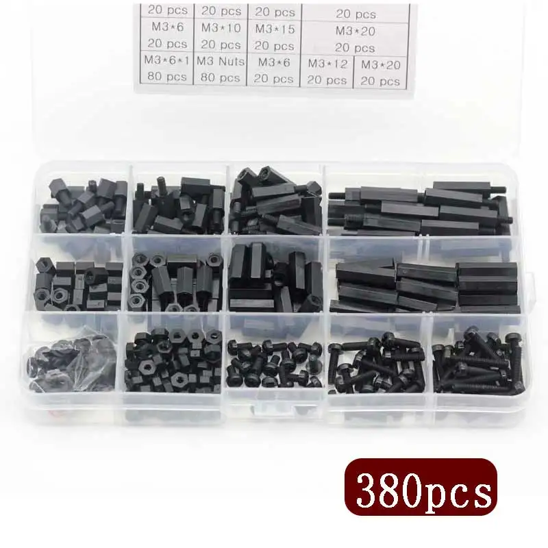 380Pcs M3 Black Hex Nylon Standoff Spacer Column Flat Head Nylon Plastic Spacing Screws Nuts Assortment Kit For PCB Motherboard