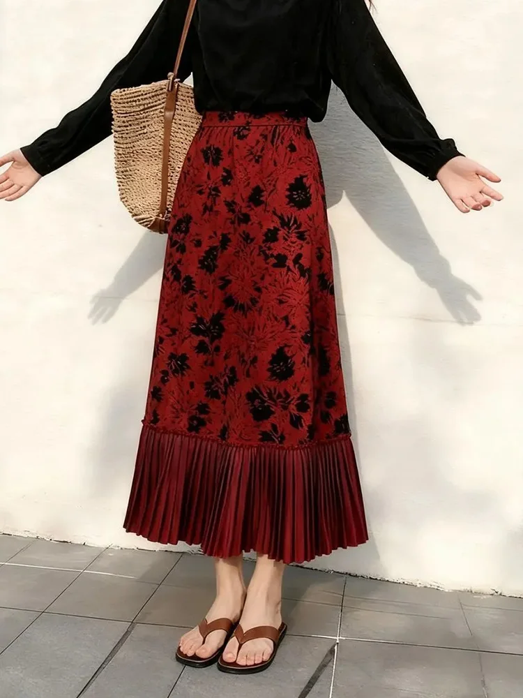 

Korean Fashion Elegant Floral Red Skirt Women Spring High Waist Sweet Pleated Patchwork Skirts Casual Retro Female Long Skirts