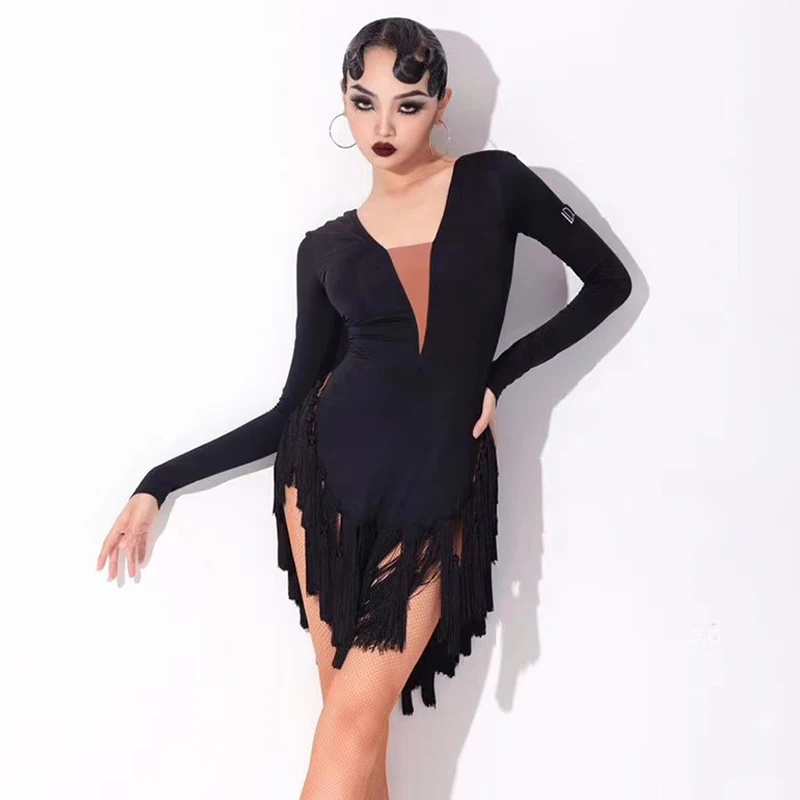 New Sexy Latin Dance Fringed Dress For Women Long Sleeved Practice Clothes High-End Latin Dance Competition Clothing DW080