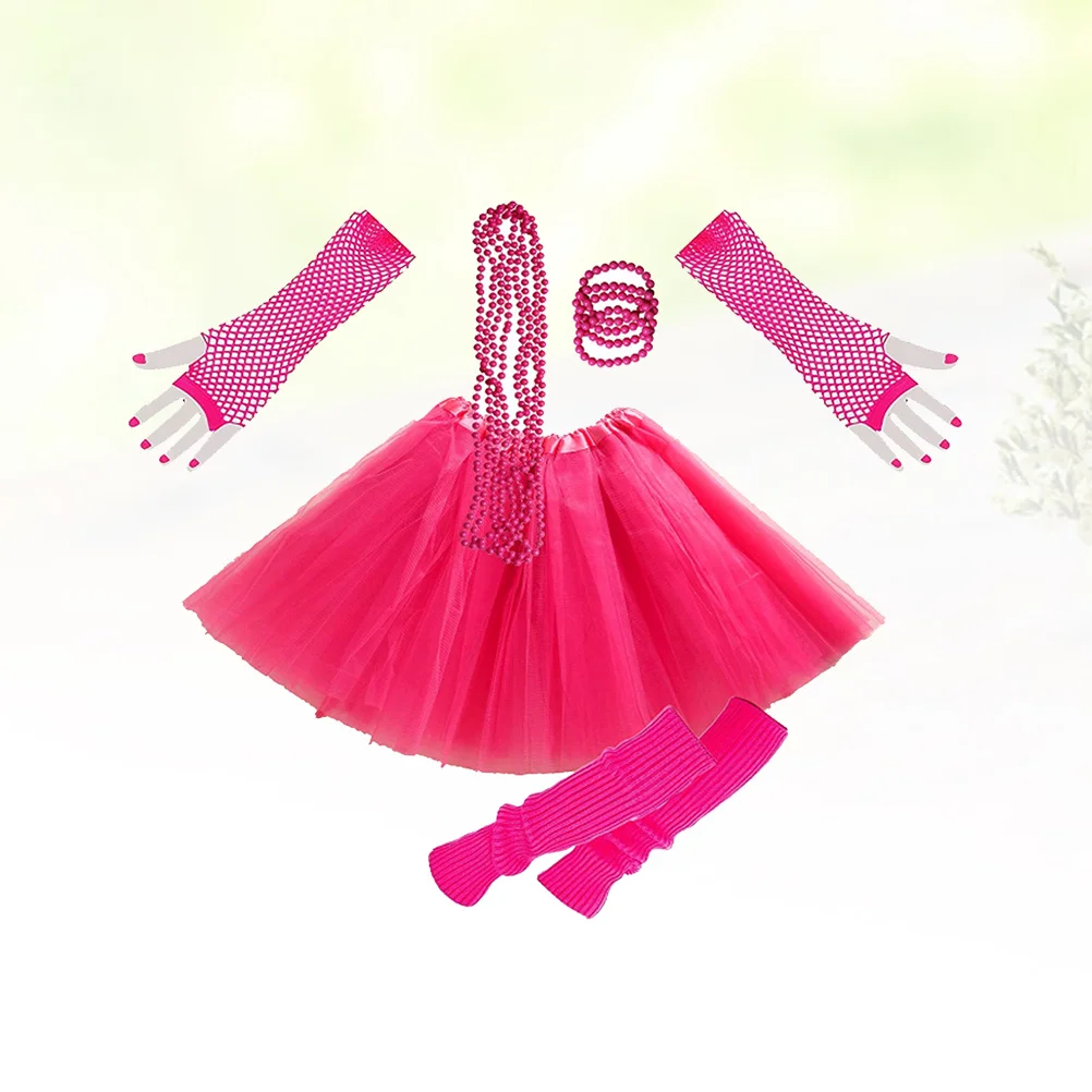 طقم ملابس تنكرية للحفلات تنورة شبكية من الشيفون باللون الأحمر الوردي فستان بتصميم مرن للفتيات على طراز 80S 70S إكسسوارات تنكرية