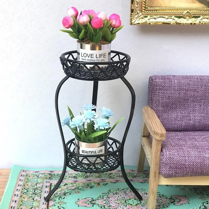 1 szt. 1:12 Miniaturowy żelazny dwupoziomowy stojak na kwiaty do domku dla lalek, okrągły regał do przechowywania, symulacja, akcesoria do domku dla lalek