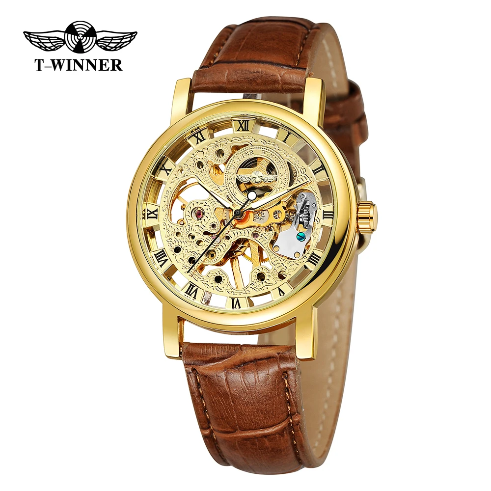 

T-WINNER Classic Skeleton Wrist Watches Engraved Hollow Mechanical Watch Leather Strap Roman Numeral Luminous Pointers Man Clock