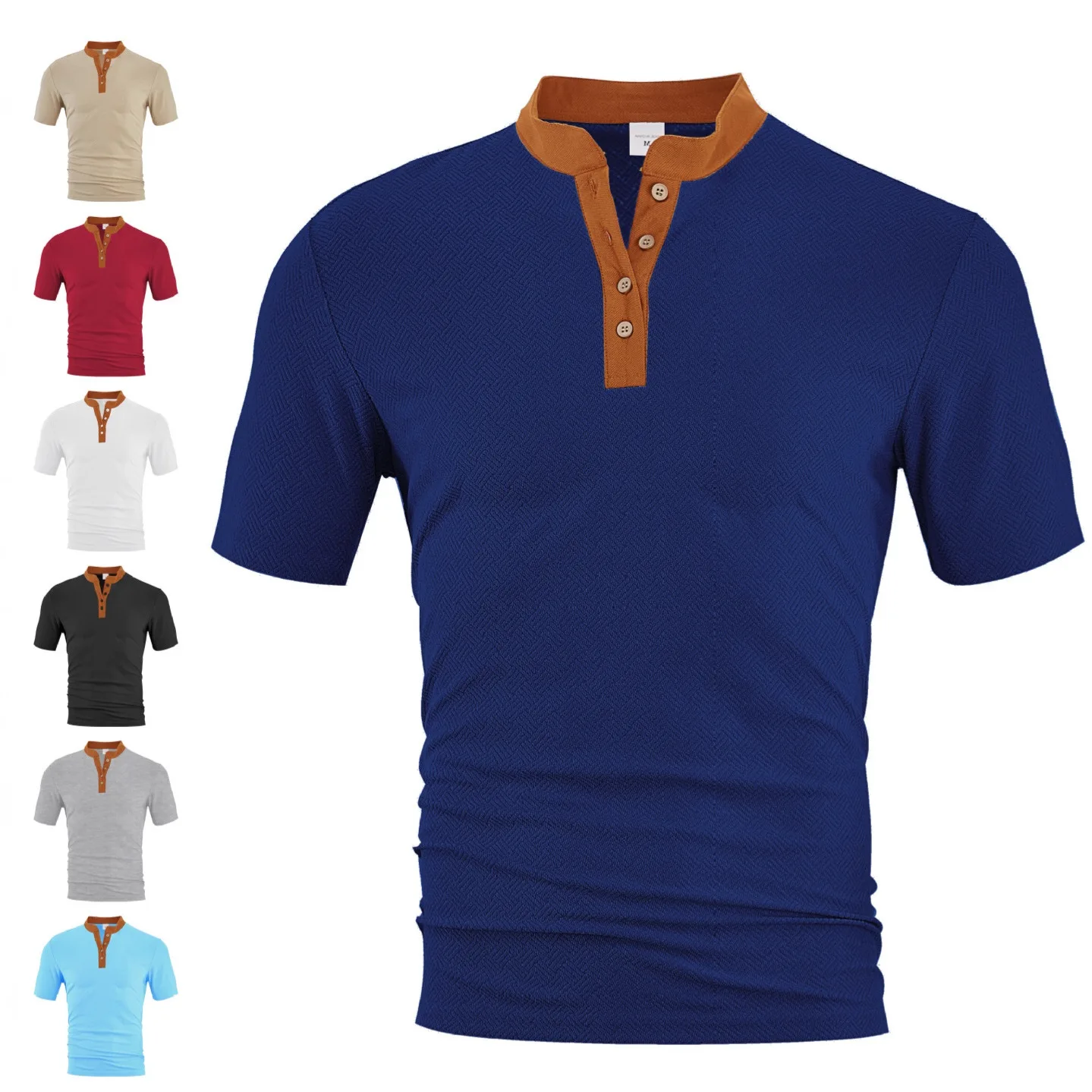 Men Herringbone Textured Henley T‑Shirt Contrast Color Placket Short Sleeve Button Summer Casual Tops
