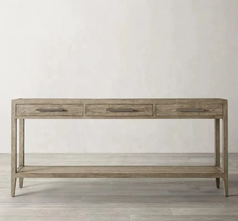 * Modern American Style Solid Oak Wood 3-Drawer Console Table French Contemporary Home Cabinet With Wooden Finish