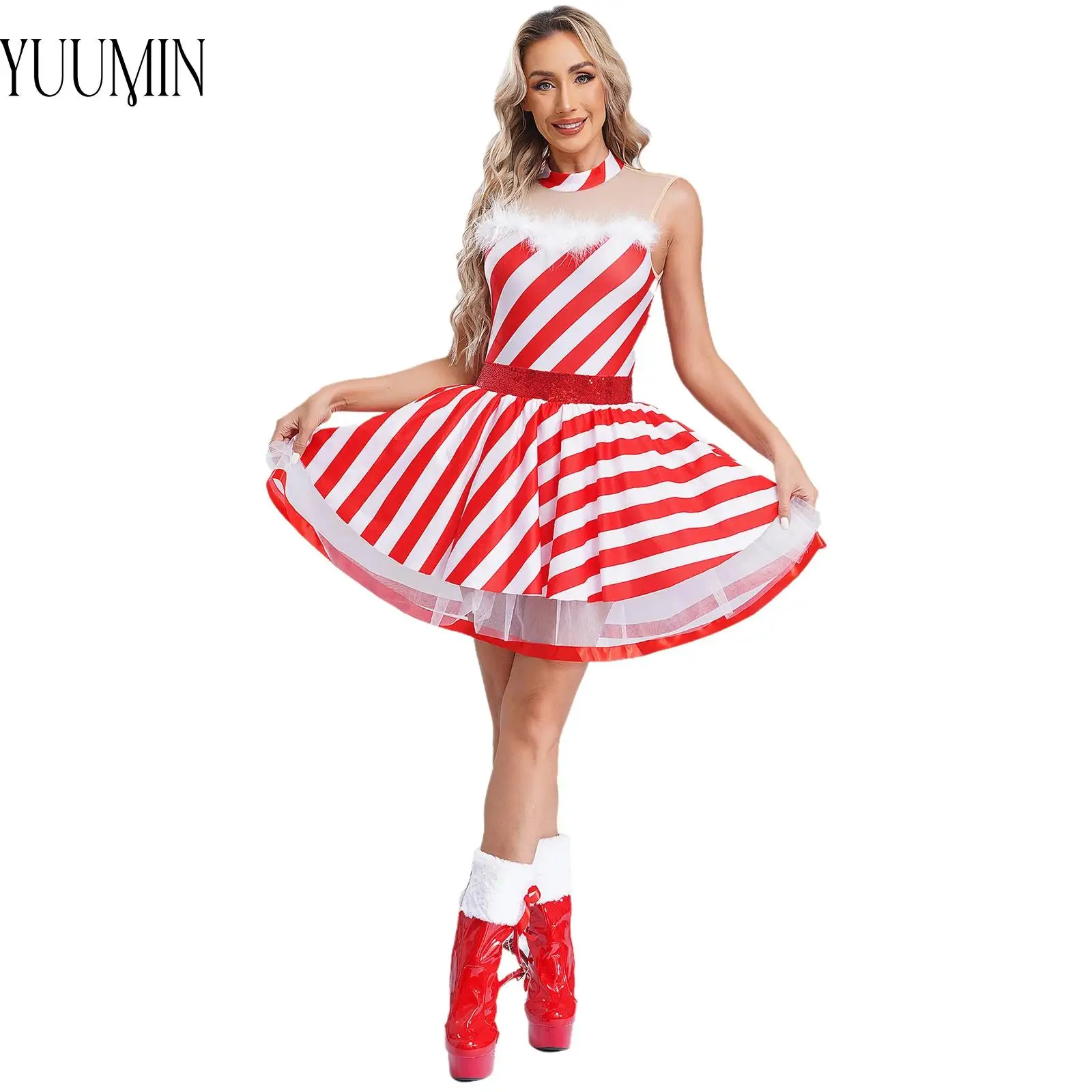 Women Christmas Party Candy Cane Costume Sleeveless Sequins Striped Tutu Dress Dance Dress Performance Figure Skating Bodysuit