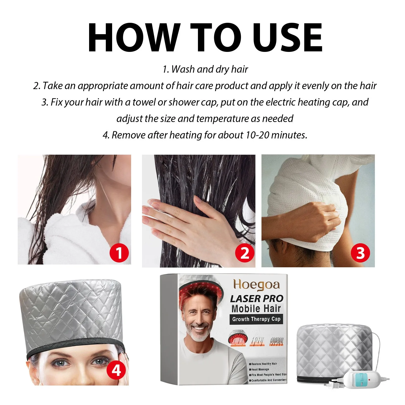 Hoegoa dense hair care cap 1PC soft dense hair scalp care heating massage cap mobile hair growth cap temperature adjustable
