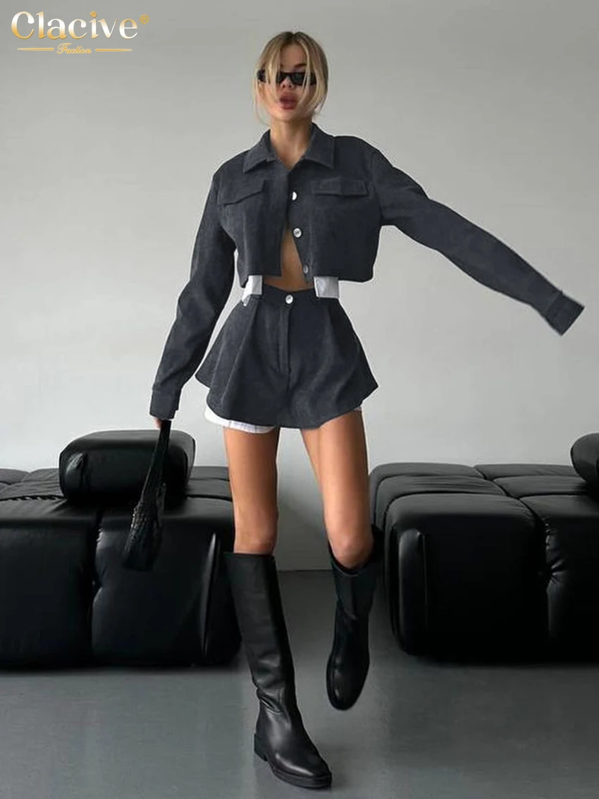 Clacive Fashion Slim Blue 2 Piece Sets Women Outfit 2024 Elegant Long Sleeve Shirt With High Waist Shorts Set Female Streetwear