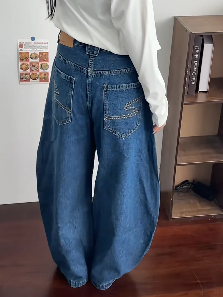 

High Waist Lazy American Style Knife Shape Denim Jeans Women's Autumn Winter Vintage Loose Blue Wide Leg High Waist Slimming ...